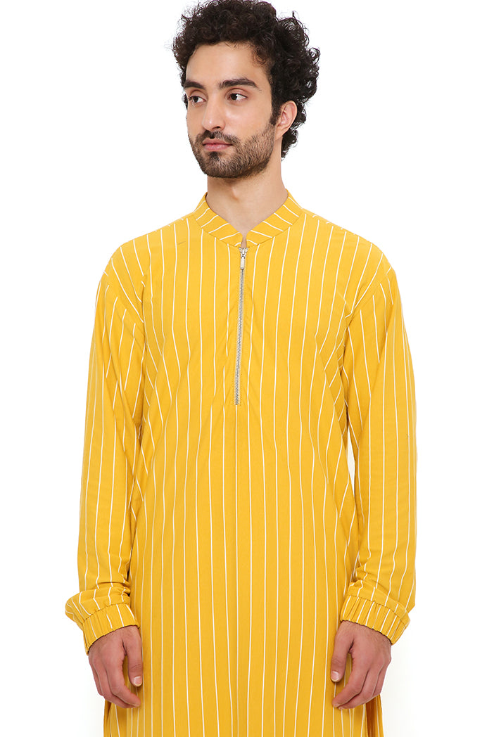 Mustard Stripe Lycra Bomber Kurta With Jogger Pant