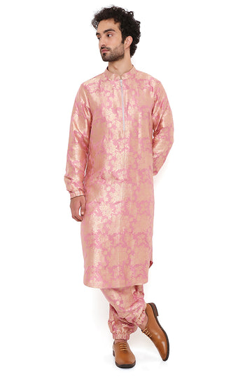 Pink Silk  Brocade Bomber Kurta With Jogger