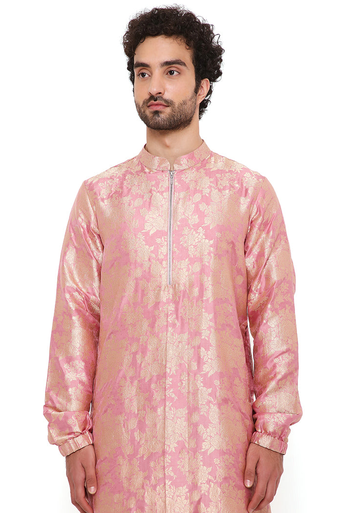 Pink Silk  Brocade Bomber Kurta With Jogger