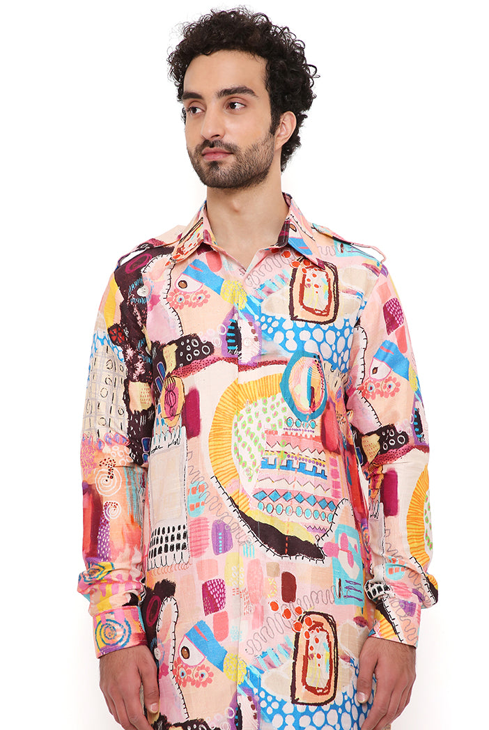 Trance Print Silk Pathani Kurta With Jogger