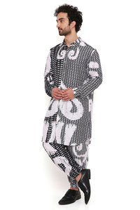 Black & White Uzbek Print Silk Kurta With Jogger