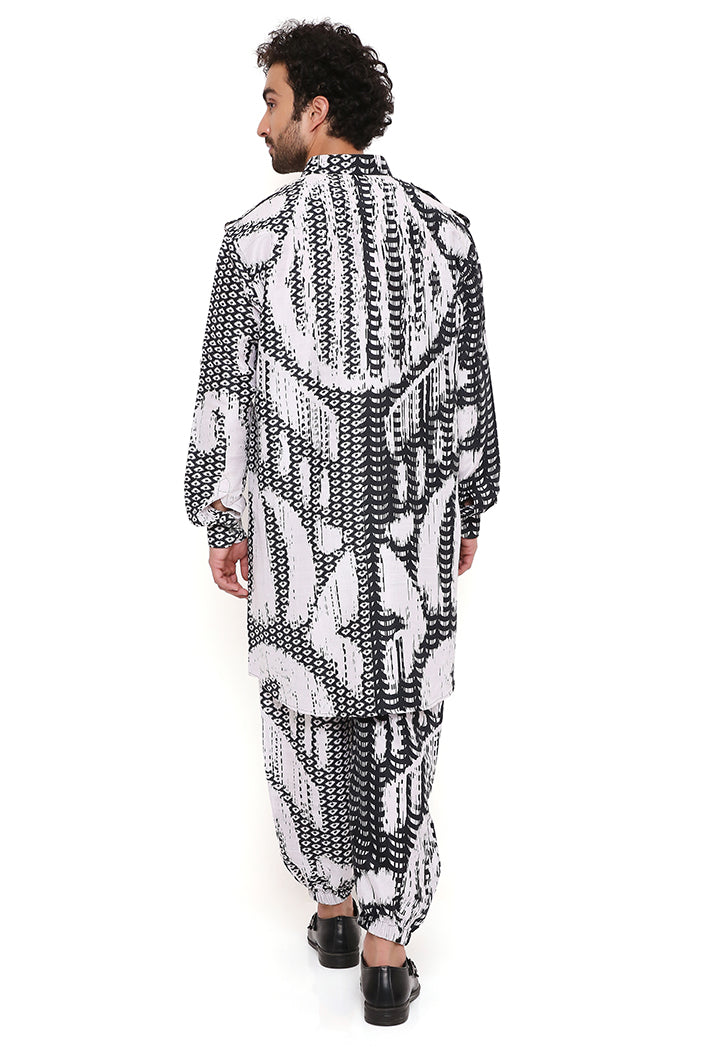 Black & White Uzbek Print Silk Kurta With Jogger