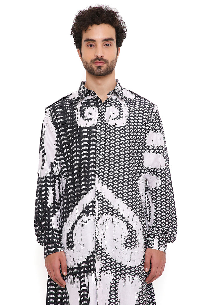 Black & White Uzbek Print Silk Kurta With Jogger