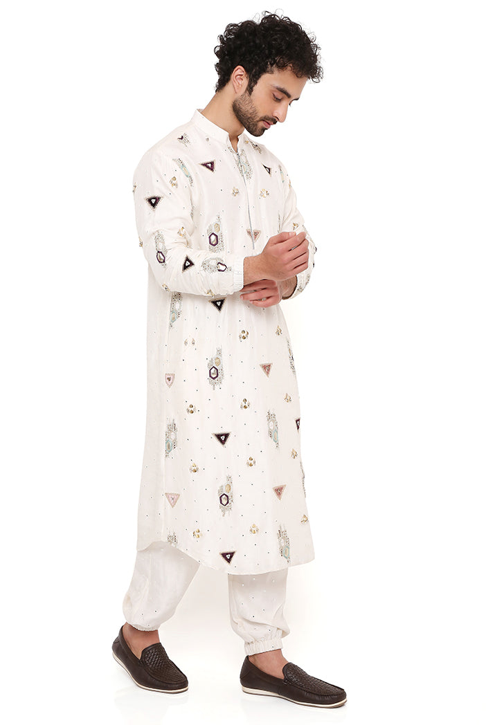 Off White Silk Embroidered Bomber Kurta With Jogger