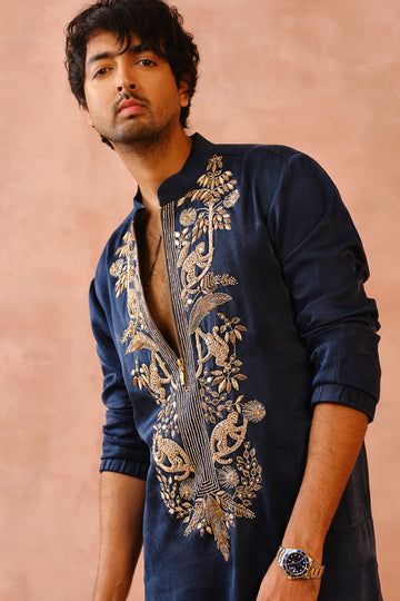 Navy Embroidered Bomber Kurta With Jogger Pant