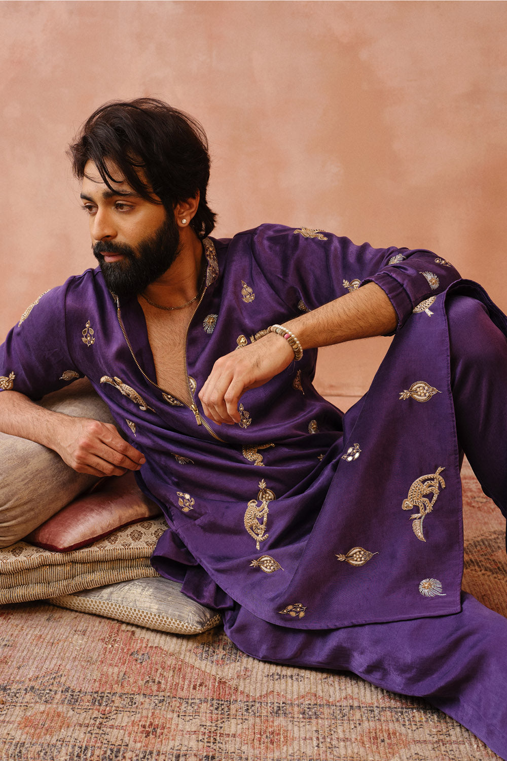 Purple Embroidered Bomber Kurta With Jogger Pant