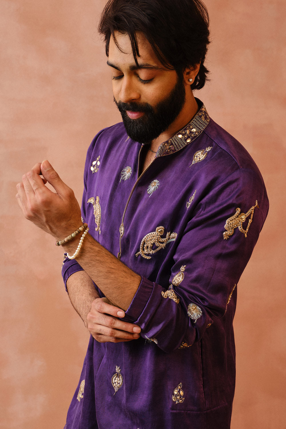 Purple Embroidered Bomber Kurta With Jogger Pant