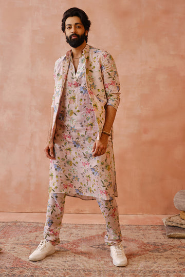 Rose Pink Nargis Print Bandi With Kurta And Churidar