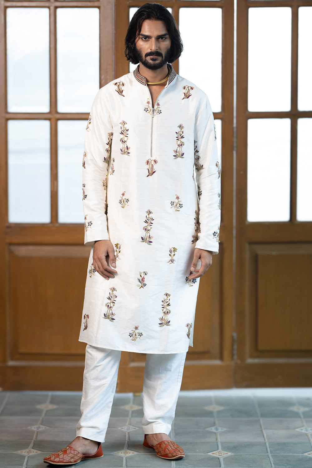 Off White Embroidered Kurta With Pant
