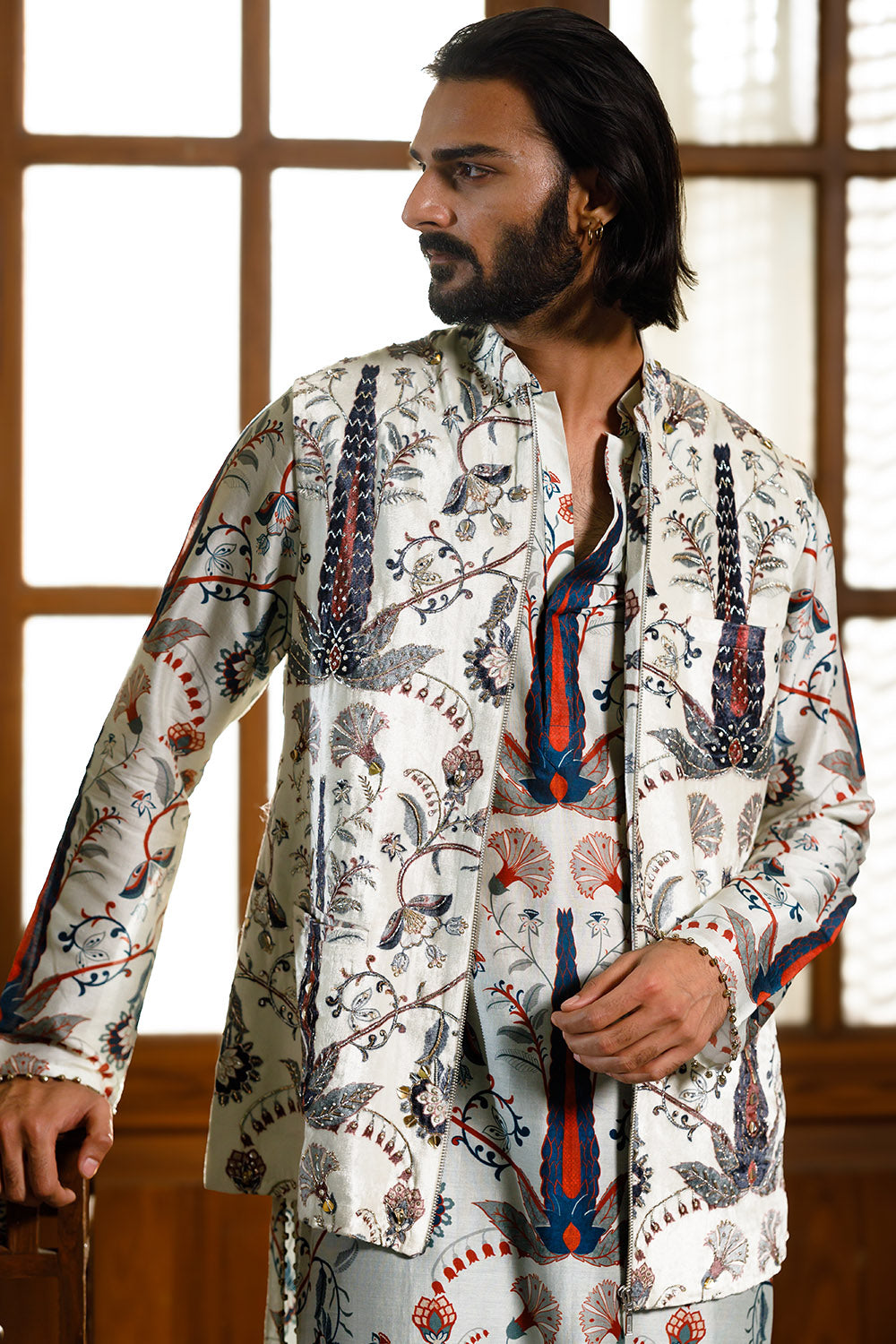 Blue Embroidered Forest Whisper Bandi, Kurta and Churidar