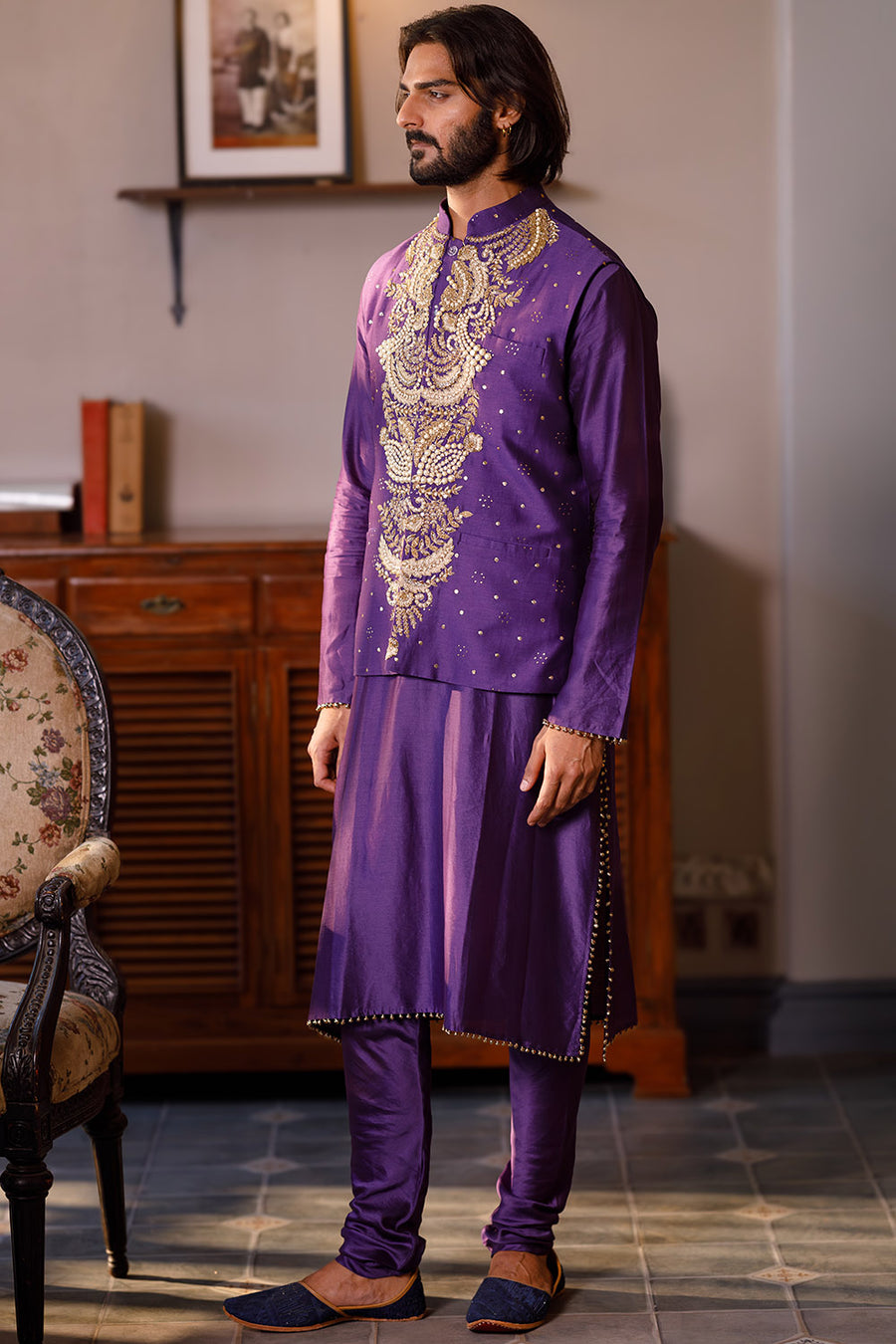 Purple Embroidered Bandi With Kurta And Churidar