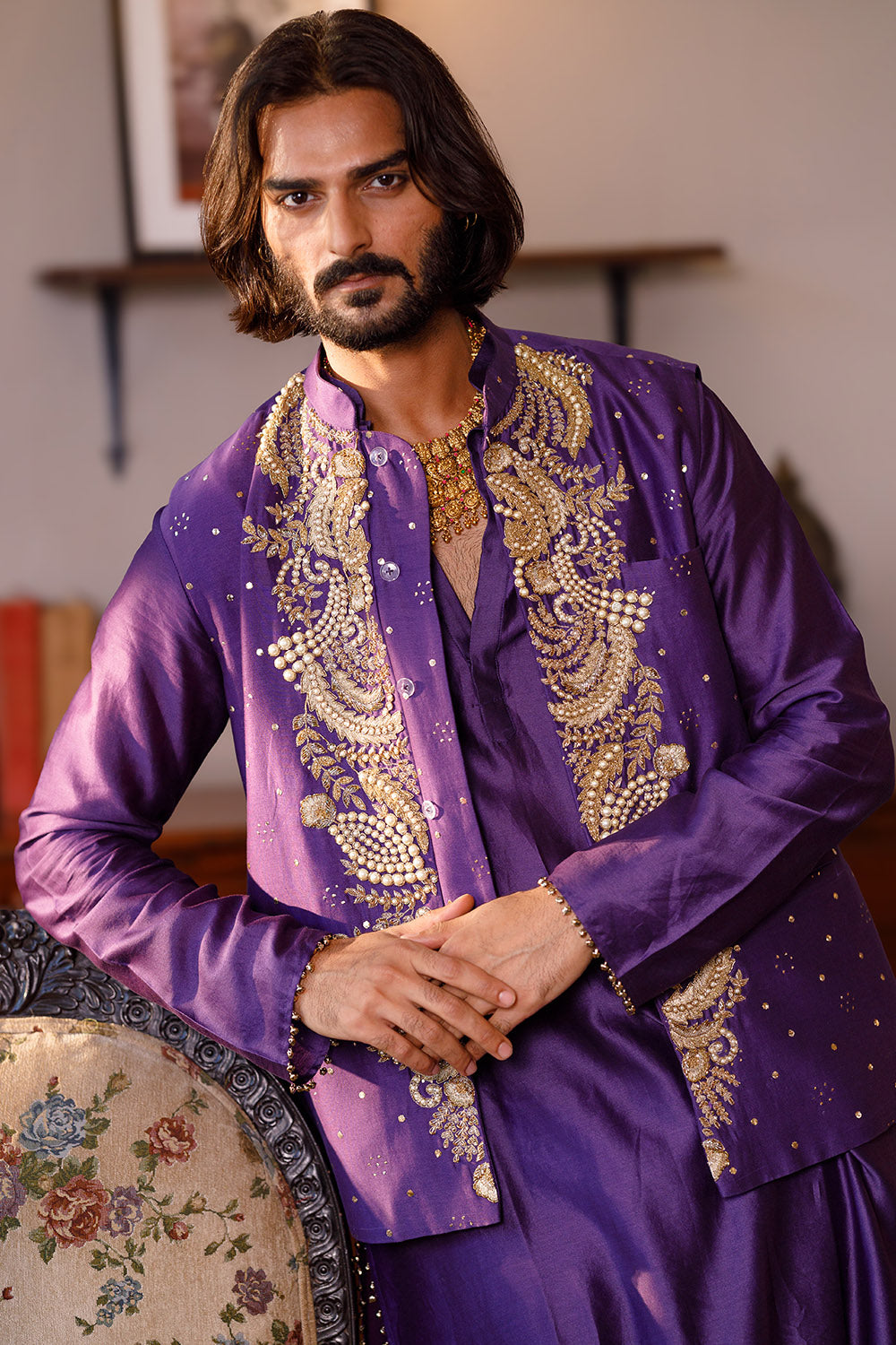 Purple Embroidered Bandi With Kurta And Churidar