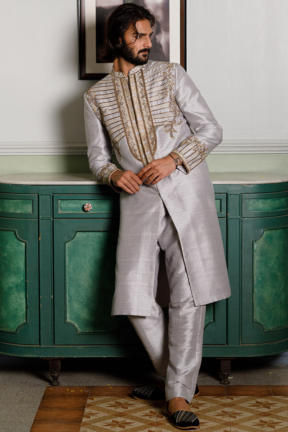 Grey Embroidered Sherwani With Pant