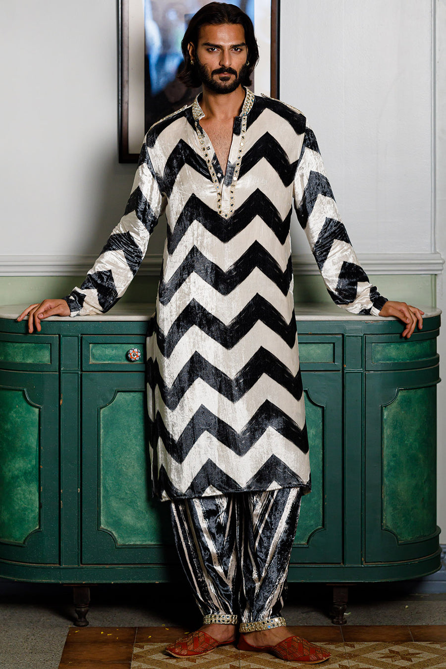 Chevron Printed Embroidered Kurta And Salwar