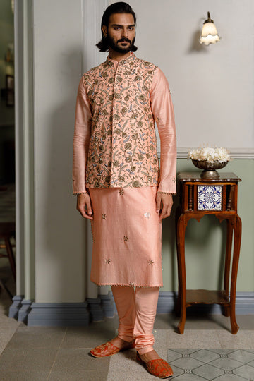 Peach Embroidered Bandi, Kurta & Churidar