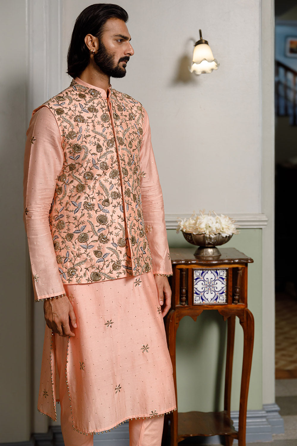 Peach Embroidered Bandi, Kurta & Churidar