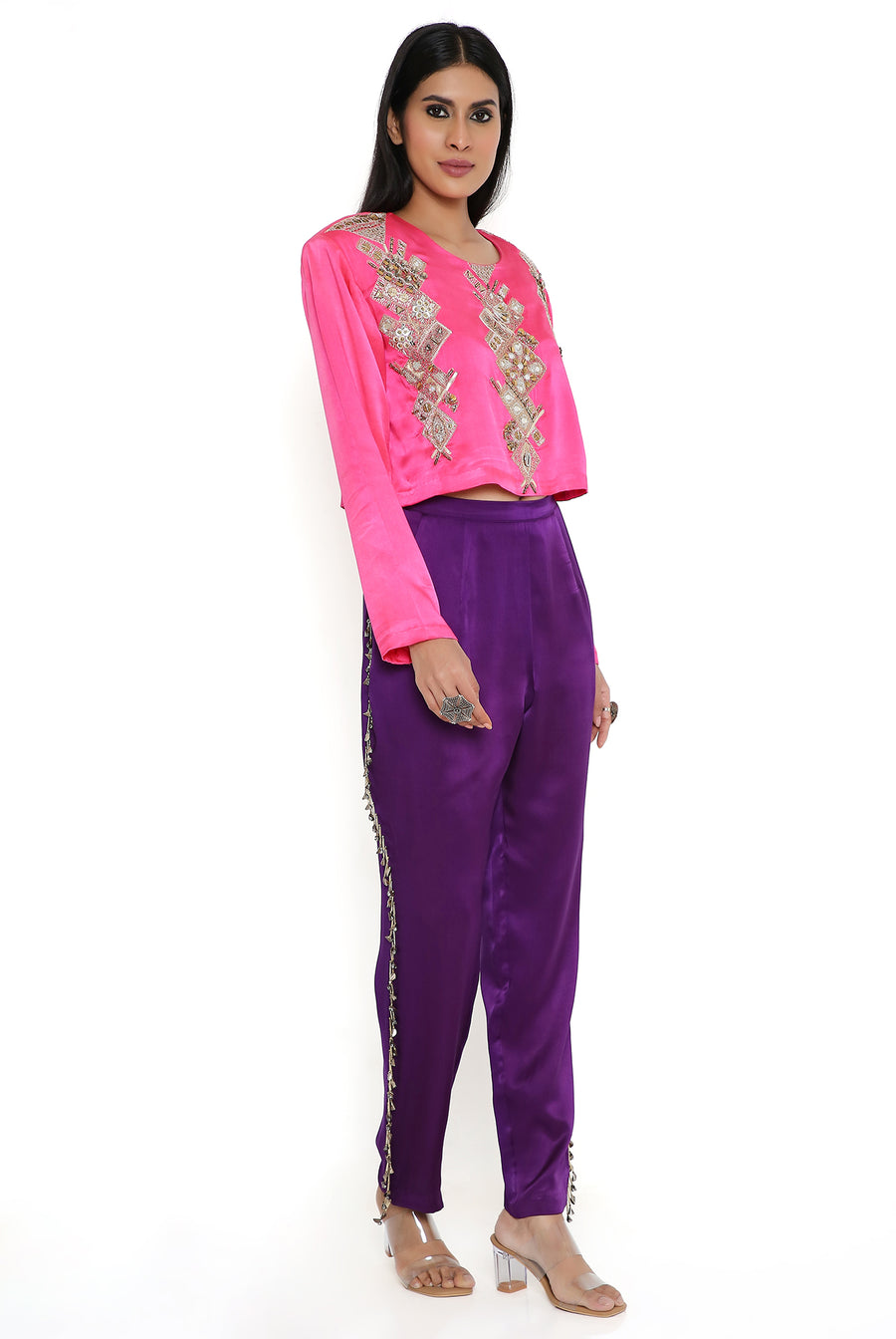 Pink Embroidered Top With Purple Pant