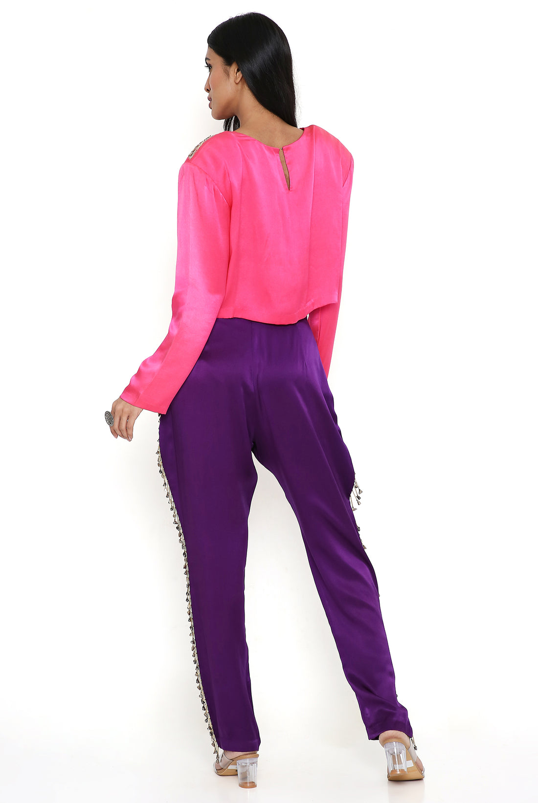 Pink Embroidered Top With Purple Pant