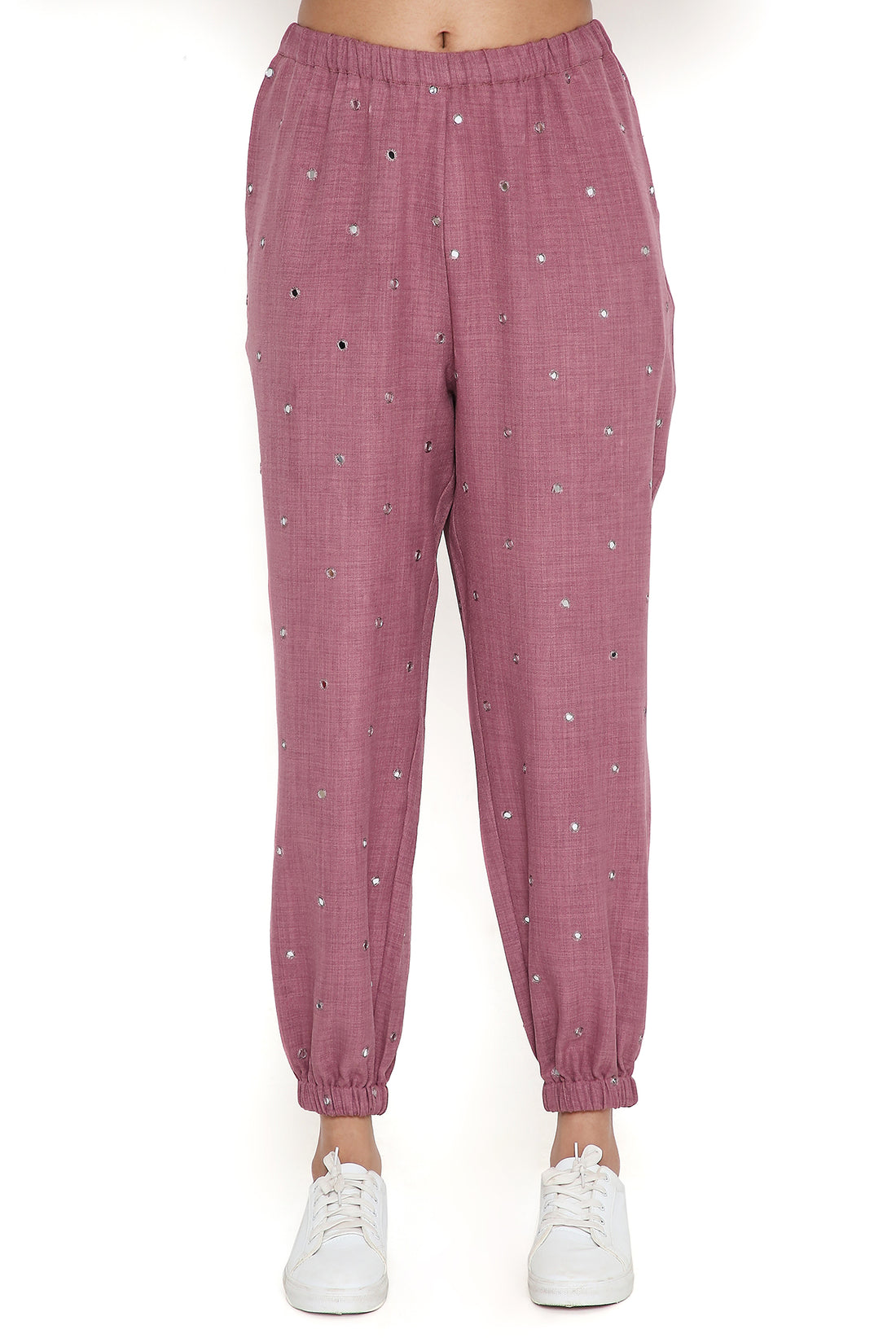 Magenta Linen Embroidered Top And Joggers