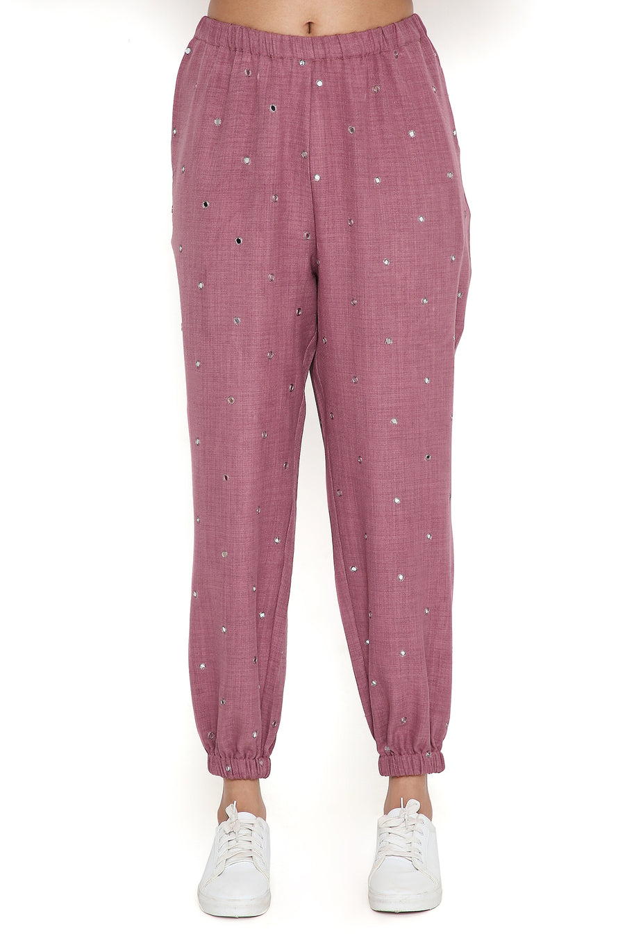 Magenta Linen Embroidered Top And Joggers