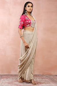 Hot Pink Embroidered Choli With Silver Saree