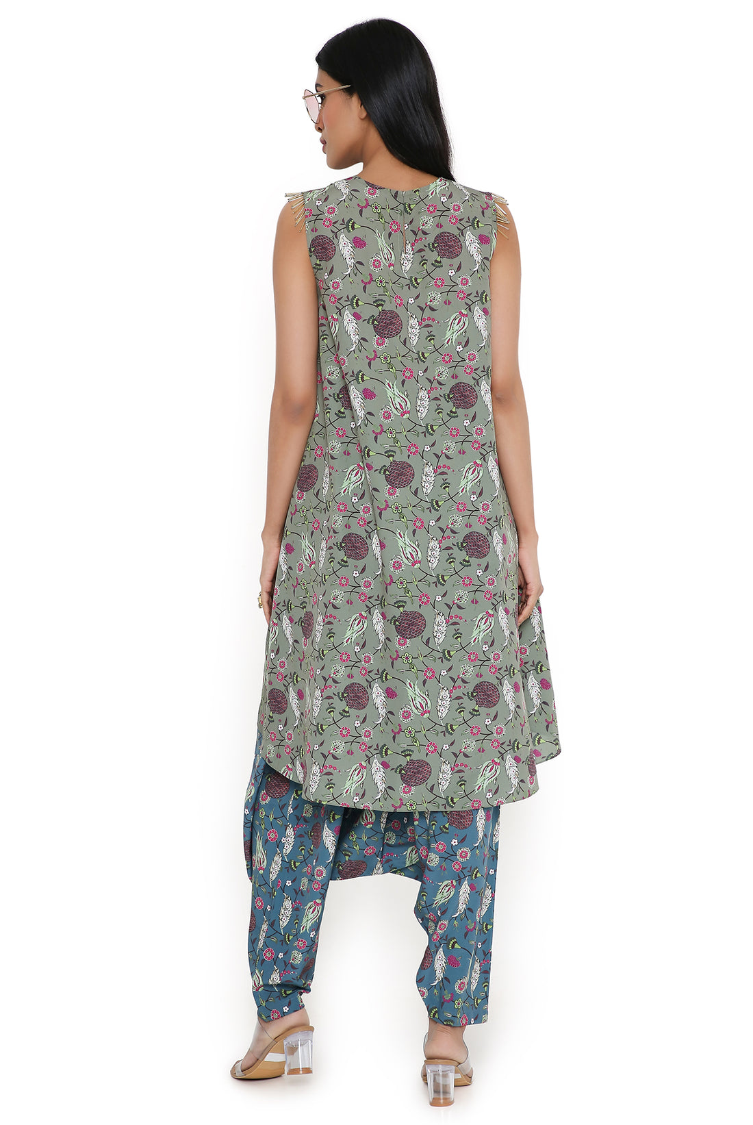 Olive Turkish Print High Low Kurta With Low Crotch Pant