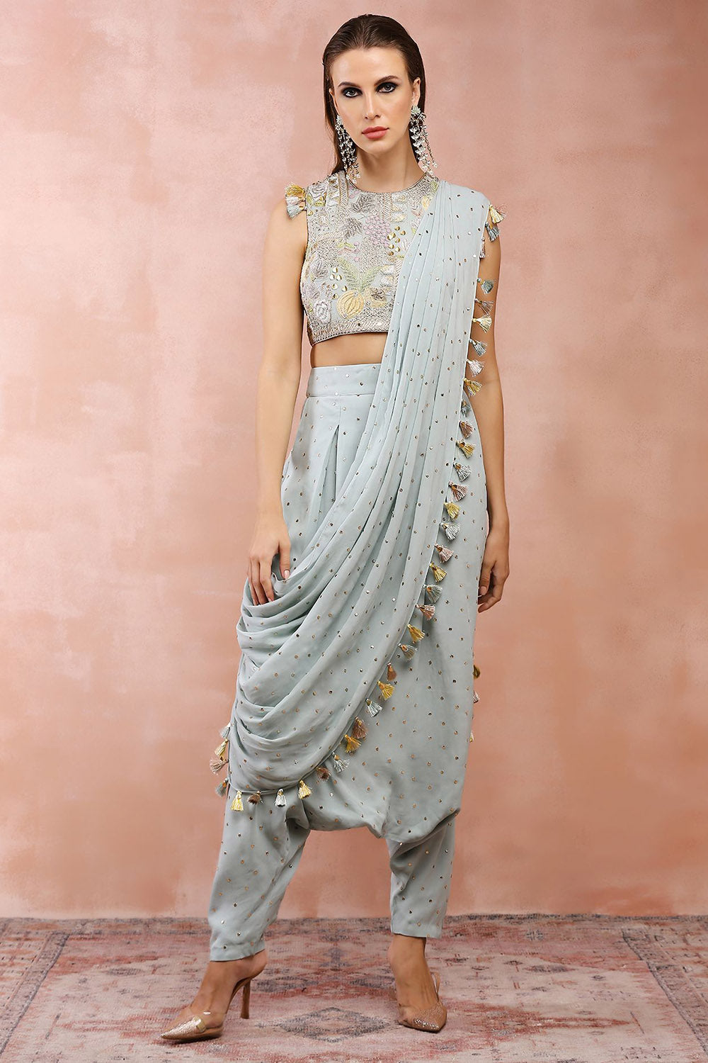 Powder Blue Choli And Low Crotch Pant With Attached Drape