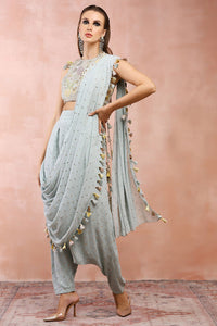Powder Blue Choli And Low Crotch Pant With Attached Drape
