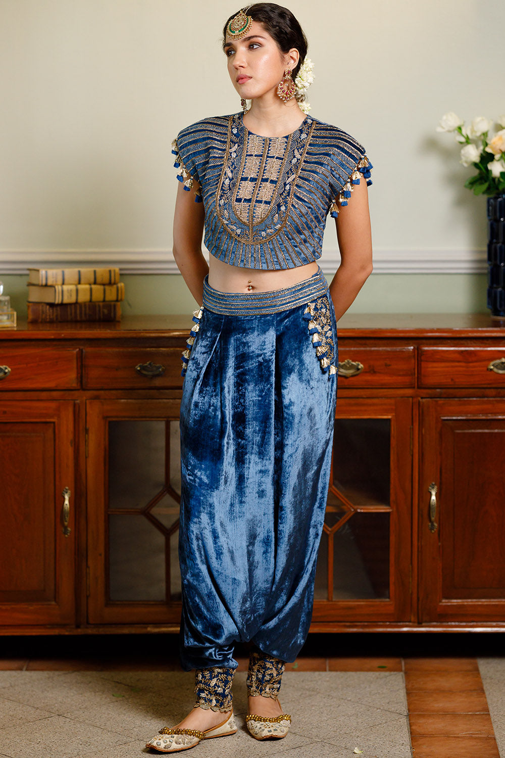 Qirat Navy Blue Boxy Choli And Low Crotch Pant
