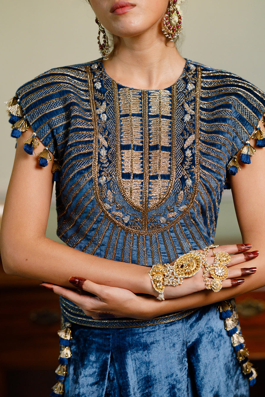 Qirat Navy Blue Boxy Choli And Low Crotch Pant