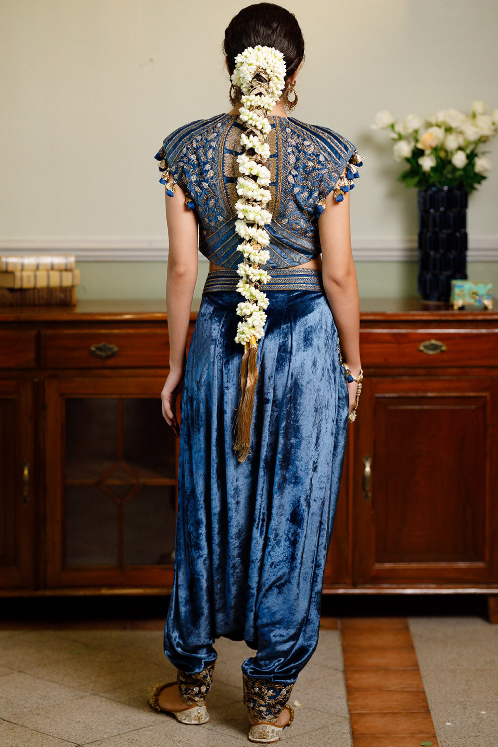 Qirat Navy Blue Boxy Choli And Low Crotch Pant