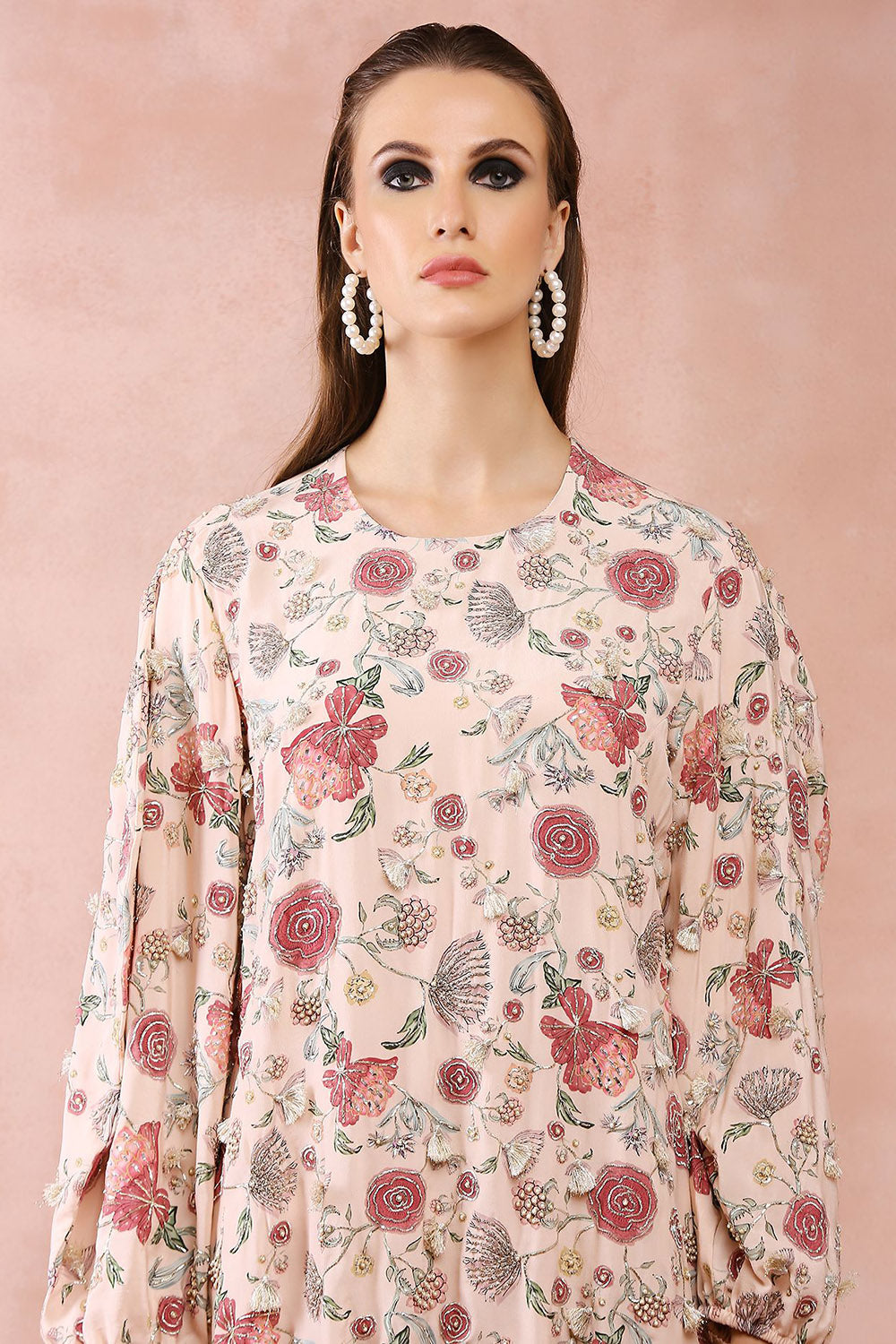 Blush Pink Gulbagh Print Front Embroidered Balloon Top