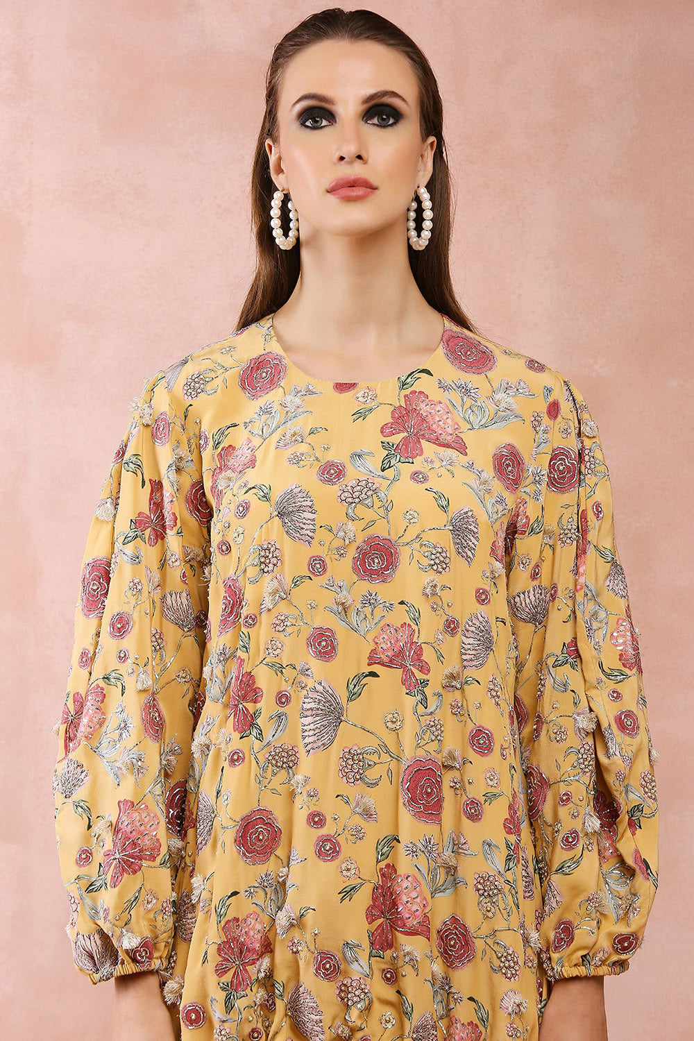 Mustard Gulbagh Print Front Embroidered Balloon Top