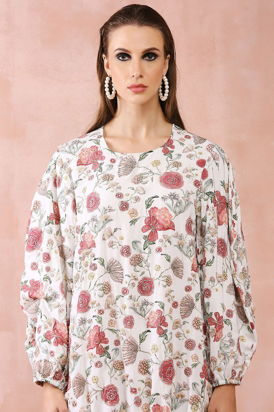 White Gulbagh Print Front Embroidered Balloon Top