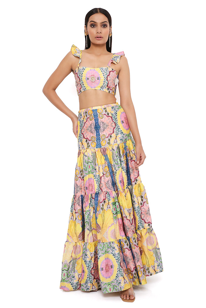 Yellow Enchanted Bustier Layered Skirt Set