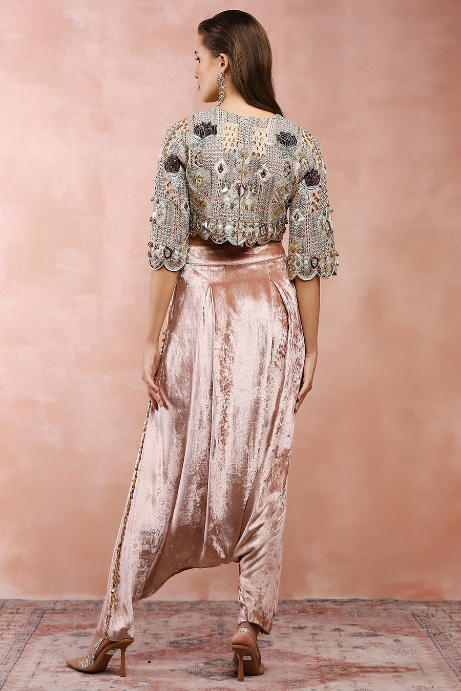 Rose Pink Embroidered Top With Lowcrotch Pant