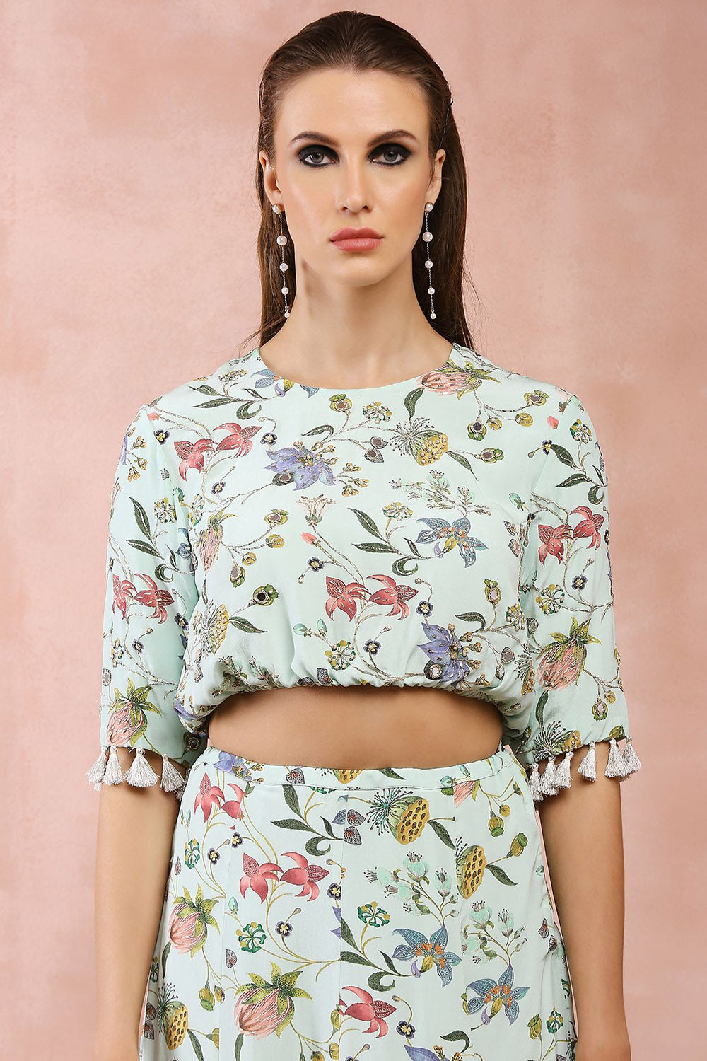 Mint Nargis Print Embroidered Balloon Top With Frill Skirt