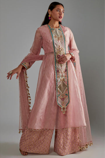 Rose Pink Anarkali With Palazzo & Dupatta