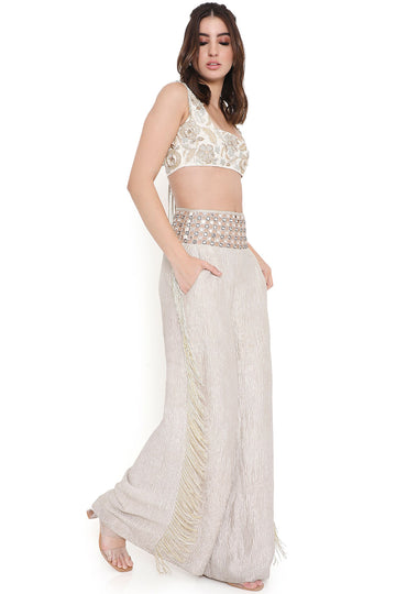Off White Embroidered Choli And Pant With Belt