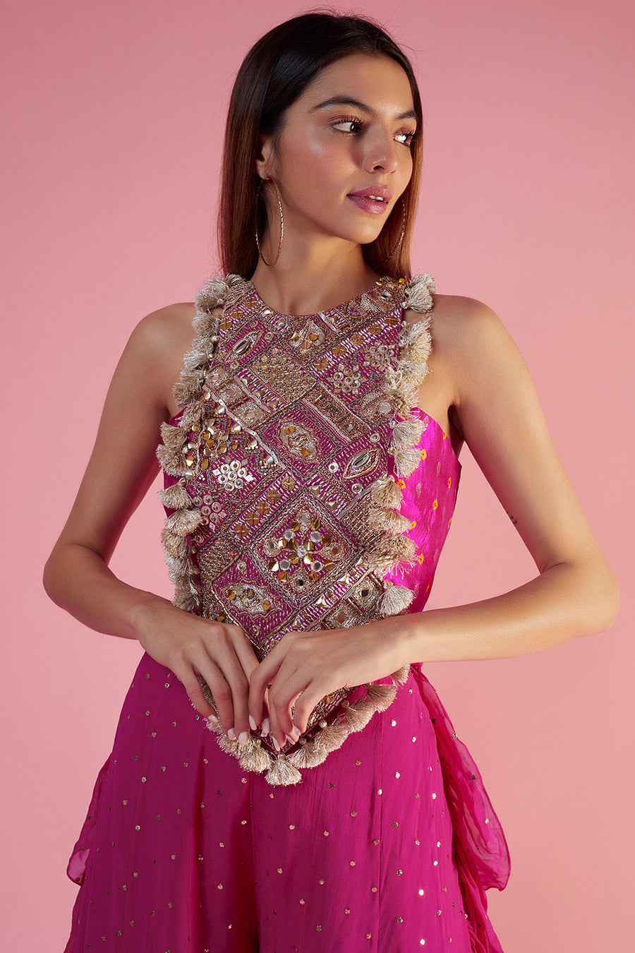 Rani Pink Embroidered Yoke With Bustier And Sharara