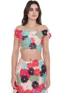 Off White 3D Flower Choli With Fitted Skirt