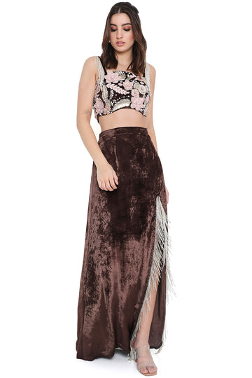 Brown Embroidered Choli And Skirt With Slit