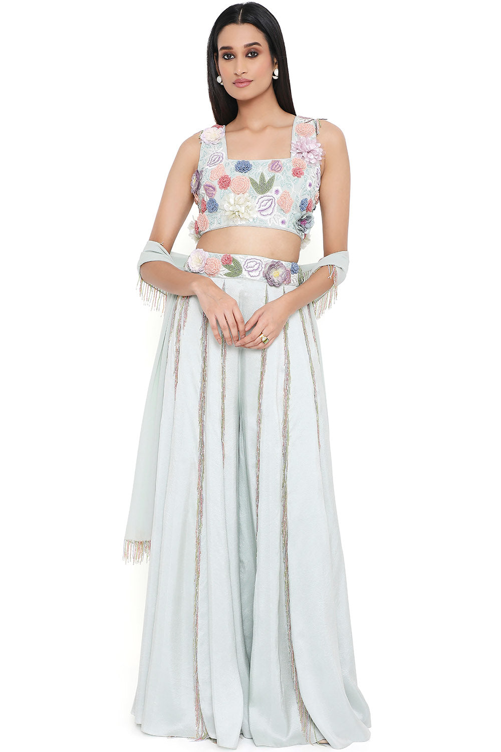 Sea Foam Embroidered Choli With Sharara And Dupatta