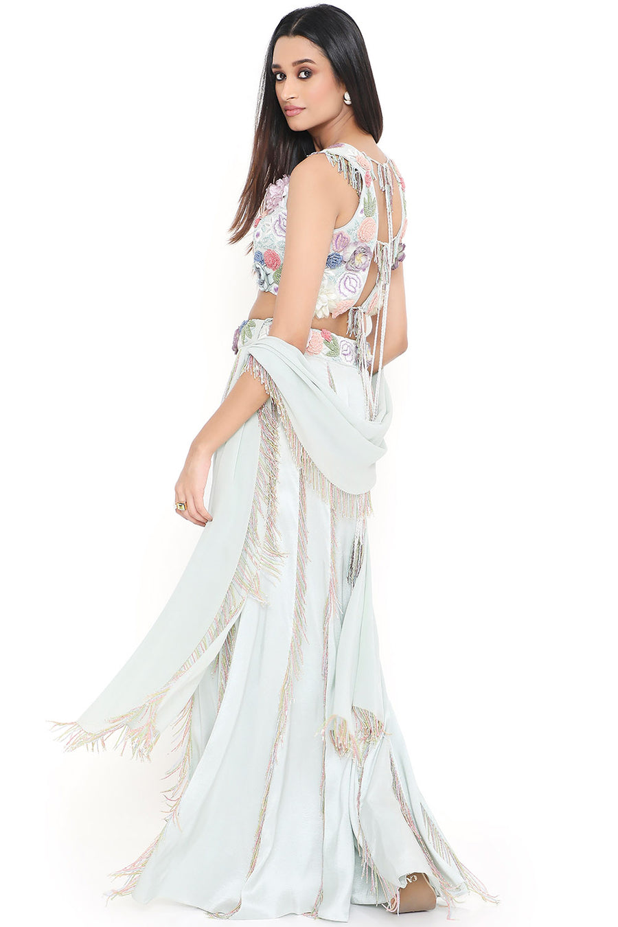 Sea Foam Embroidered Choli With Sharara And Dupatta