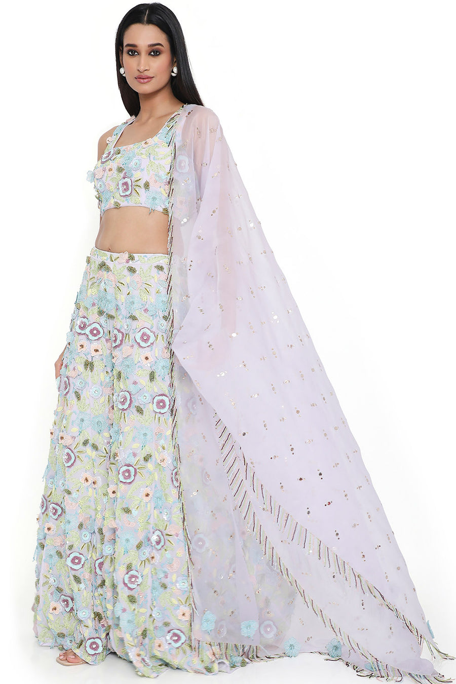 Lavender Embroidered Choli And Sharara With Dupatta