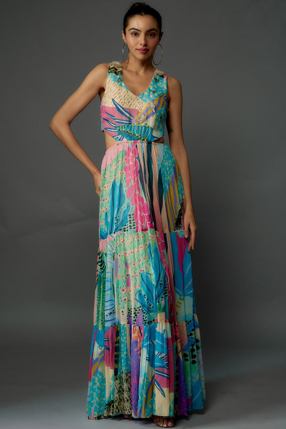 Aqua Tropical Print Cut-Out Dress