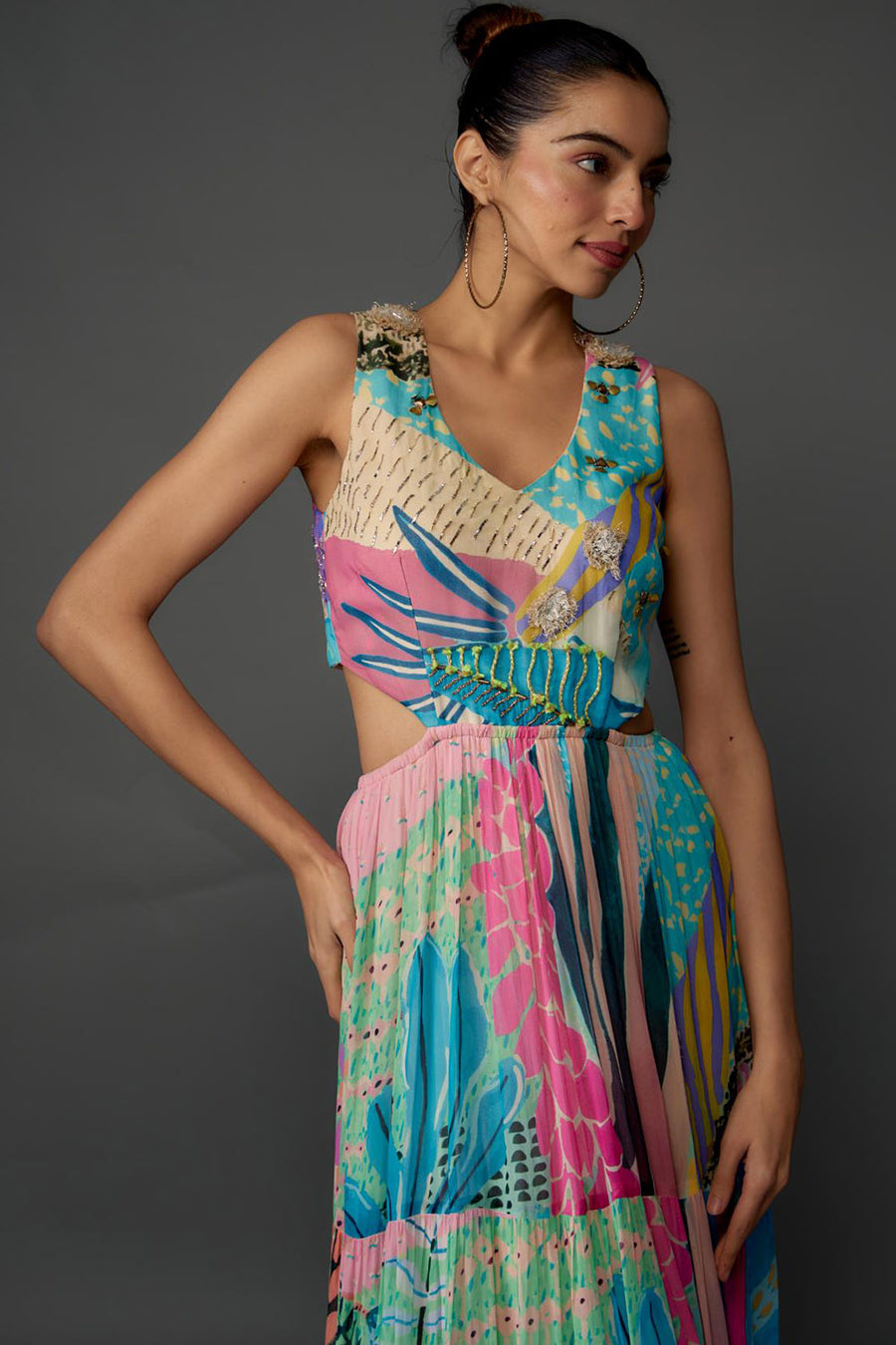 Aqua Tropical Print Cut-Out Dress