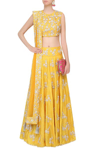 Yellow Floral Crop Choli With Lehenga & Dupatta