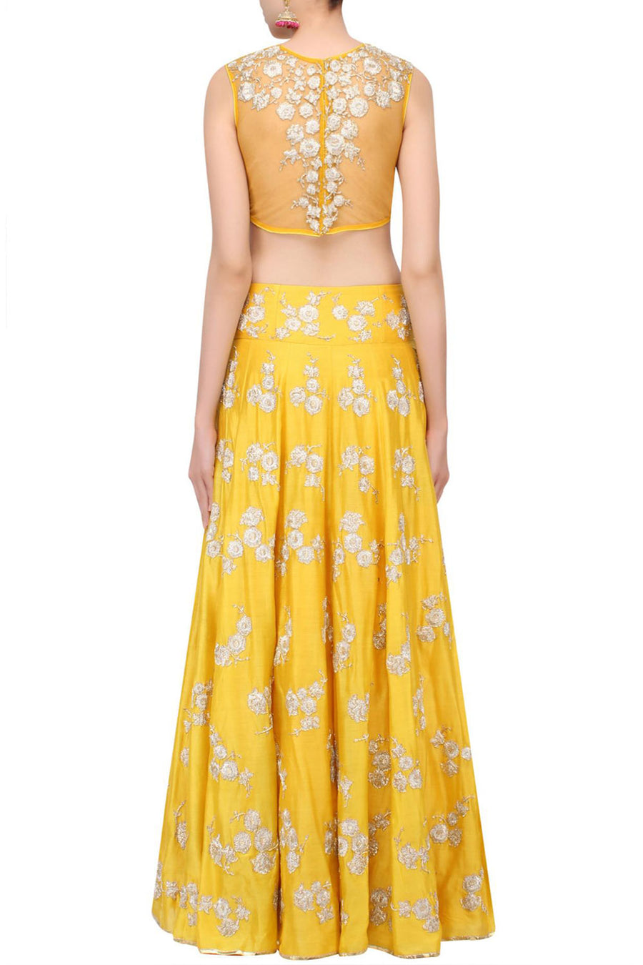 Yellow Floral Crop Choli With Lehenga & Dupatta