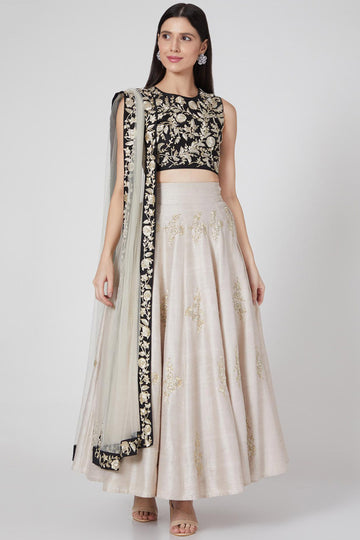 Black Floral Choli With Light Stone Lehenga & Dupatta